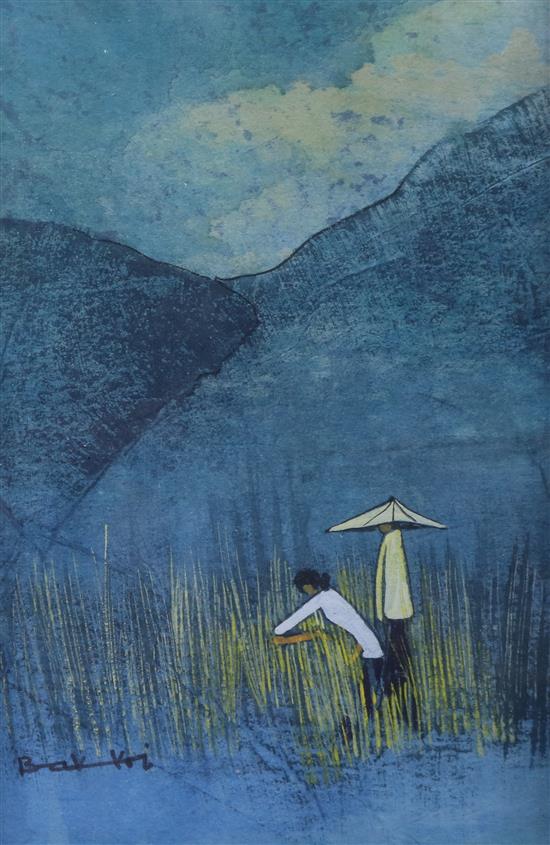 Tay Bak Koi (1939-2005), watercolour, figures in a paddy field, signed, 19 x 12cm, unframed
